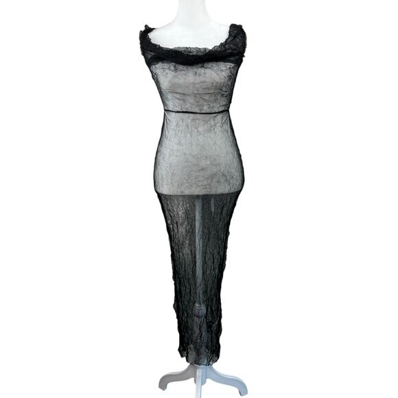 PrettyLittleThing Black Sheer Crush Cowl Neck Swim Cover Maxi Beach Dress 0 NWT - Picture 2 of 12